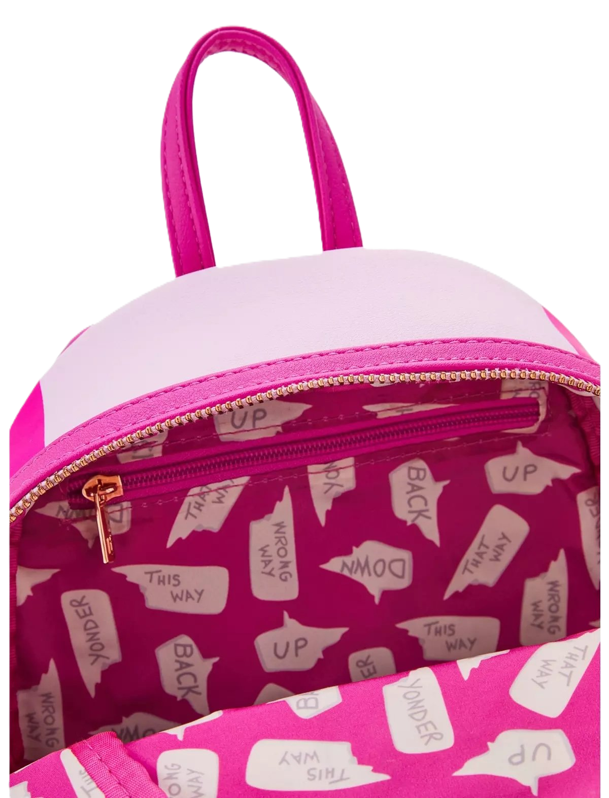 Pink and white alice in wonderland patterned backpack with a zipper on a white background