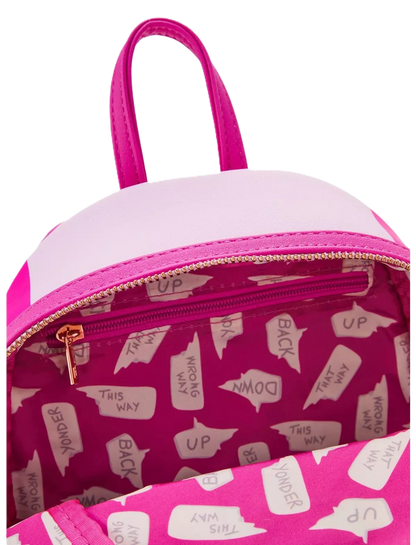 Pink and white alice in wonderland patterned backpack with a zipper on a white background