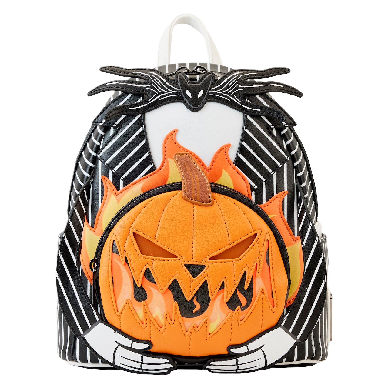 Jack skellington halloween-themed Loungefly backpack with pumpkin design on a white background
