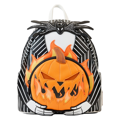 Jack skellington halloween-themed Loungefly backpack with pumpkin design on a white background