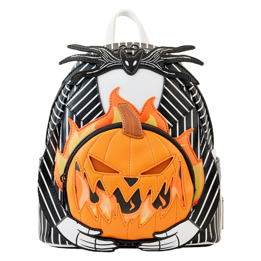 Jack skellington halloween-themed Loungefly backpack with pumpkin design on a white background