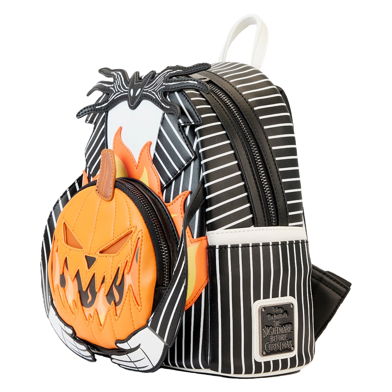 Halloween-themed Loungefly backpack with pumpkin Jack design on a white background