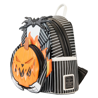 Halloween-themed Loungefly backpack with pumpkin Jack design on a white background