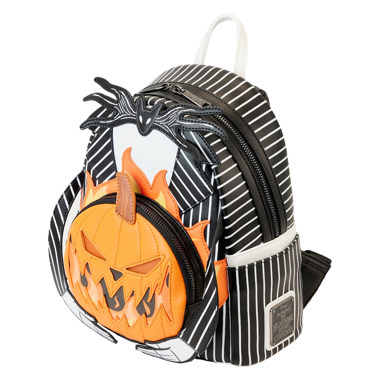 Black and white striped Loungefly backpack with pumpkin design from nightmare before christmas on a white background