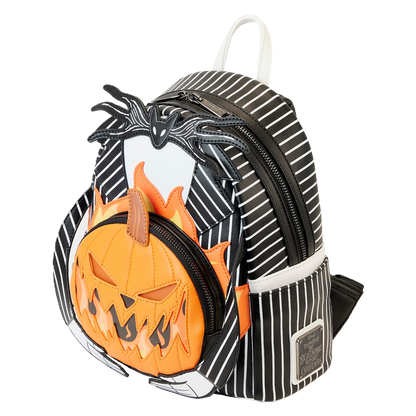 Black and white striped Loungefly backpack with pumpkin design from nightmare before christmas on a white background