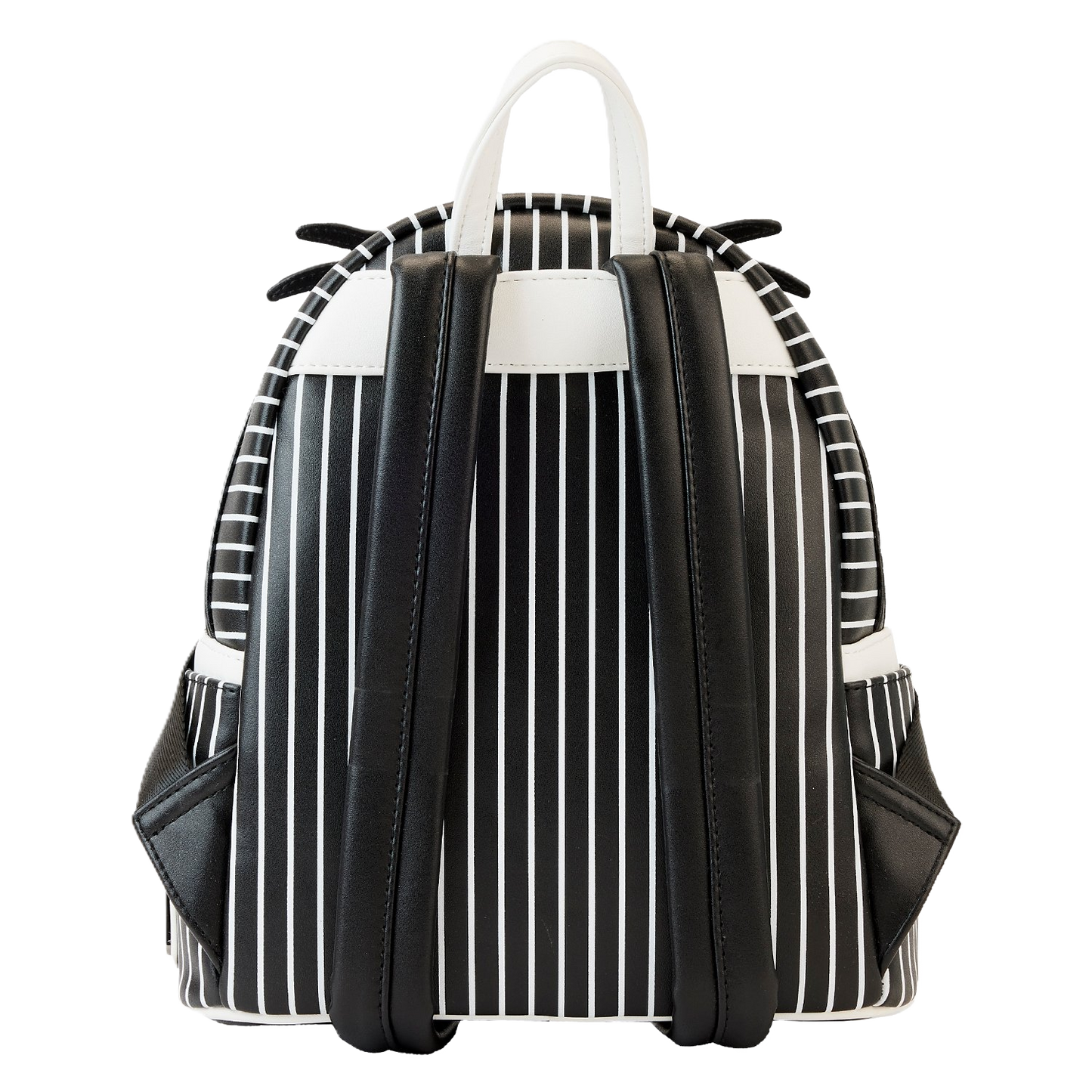 Black and white striped Loungefly backpack with leather accents on a white background