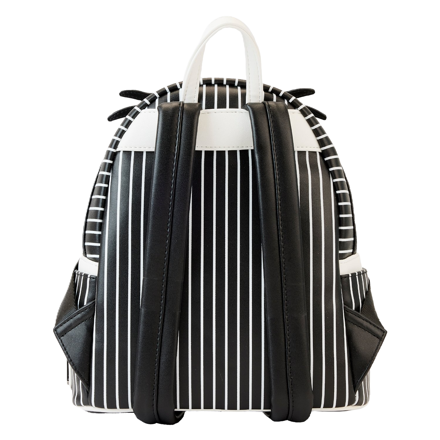 Black and white striped Loungefly backpack with leather accents on a white background