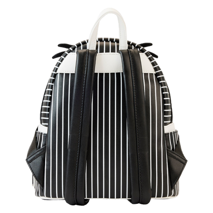 Black and white striped Loungefly backpack with leather accents on a white background