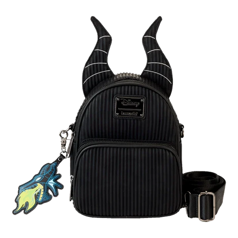 Maleficent Loungefly Convertible Mini Backpack with horn design and character charm on a white background