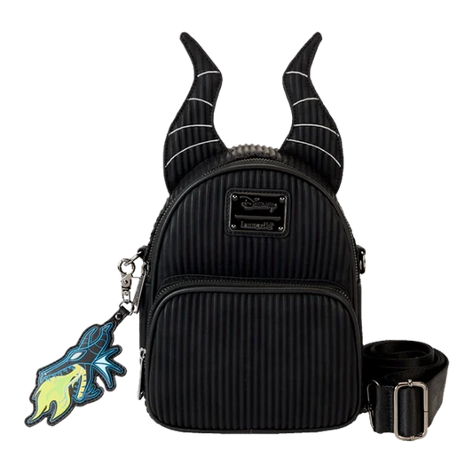 Maleficent Loungefly Convertible Mini Backpack with horn design and character charm on a white background