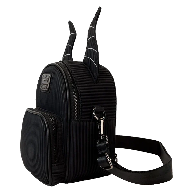 Disney villains Maleficent Loungefly Convertible Mini Backpack with decorative horns on a white background