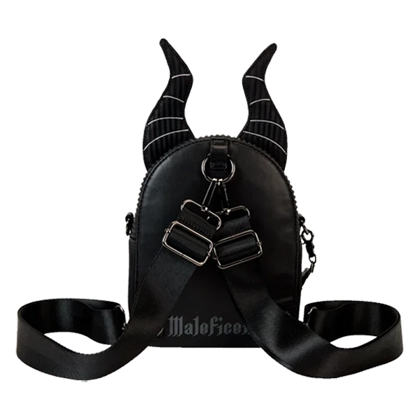 Maleficent Loungefly Convertible Mini Backpack with horn design and 'Maleficent' branding on a white background