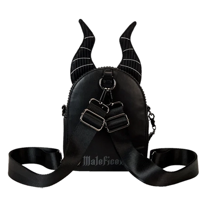 Maleficent Loungefly Convertible Mini Backpack with horn design and 'Maleficent' branding on a white background