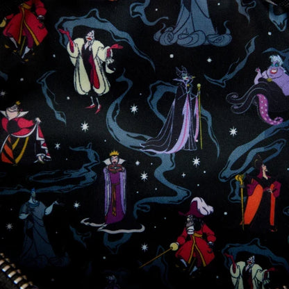 Interior lining of Maleficent Loungefly with animated characters such as cruella, captain hook, jafar and the evil queen