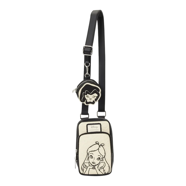 ALICE IN WONDERLAND CELL PHONE LOUNGEFLY SLING CROSSBODY BAG WITH COIN BAG