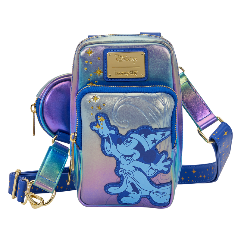 Disney sorcerer Mickey fantasia cellphone loungefly crossbody bag with iridescent strap on a white background