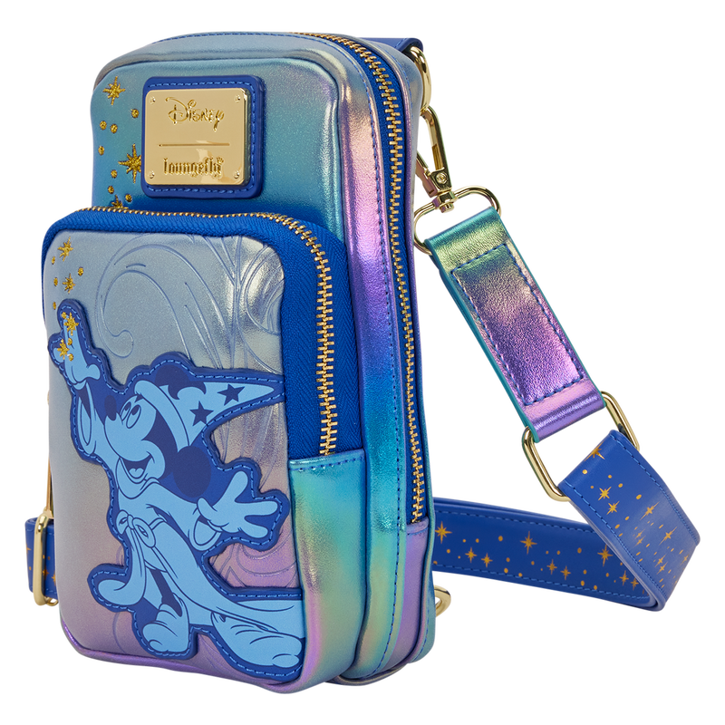 Multicolored sorcerer mickey fantasia cellphone crossbody loungefly bag with sorcerer mickey design