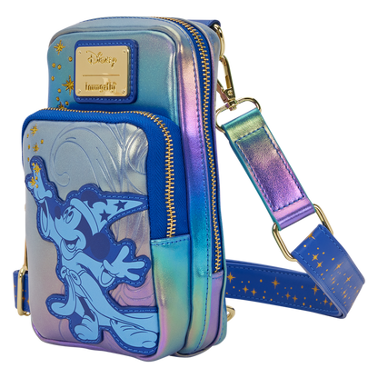 Multicolored sorcerer mickey fantasia cellphone crossbody loungefly bag with sorcerer mickey design