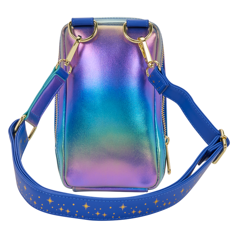 Multicolored iridescent handbag with a blue strap on a white background