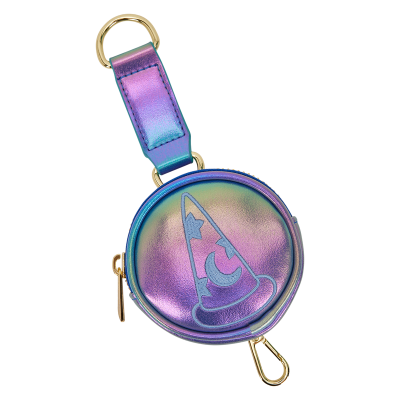 Multicolored circular coin bag with a sorcerer Mickey hat design on a white background of sorcerer mickey cellphone loungefly bag 