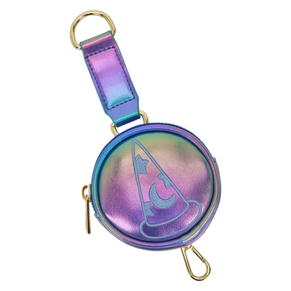 Multicolored circular coin bag with a sorcerer Mickey hat design on a white background of sorcerer mickey cellphone loungefly bag 