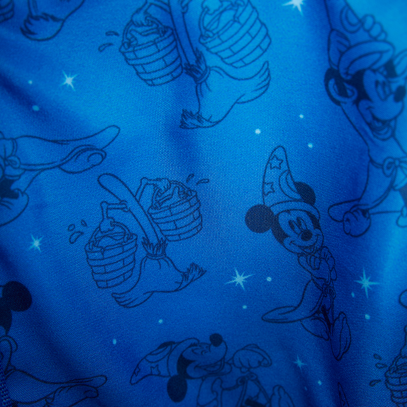 Sorcerer Mickey Fantasia cellphone crossbody Loungefly bag interior fabric with black sorcerer Mickey character prints and star-like embellishments