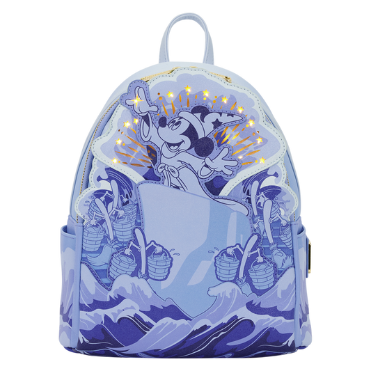 Sorcerer Mickey Fantasia Loungefly backpack with the magic brooms on a white background