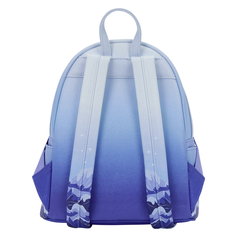 Blue and purple gradient Sorcerer Mickey fantasia Loungefly backpack with mountain design on a white background