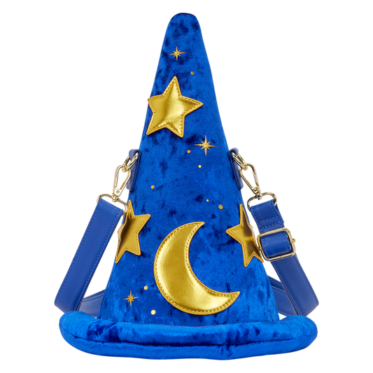 Blue sorcerer Mickey shaped hat Loungefly bag with gold stars and moon on a white background