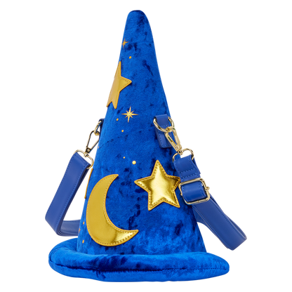 Blue shaped Fantasia Mickey sorcerer hat Loungefly  bag with gold stars and moon on a white background