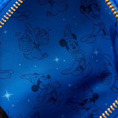 Blue sorcerer Mickey interior lining fabric with black line art of sorcerer Mickey and stars, cleaning mops on a blue background.