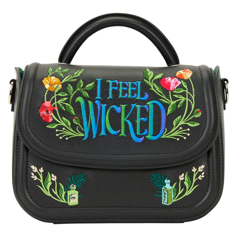 Wicked Loungefly handbag with colorful floral embroidery and 'I Feel Wicked' text on a white background