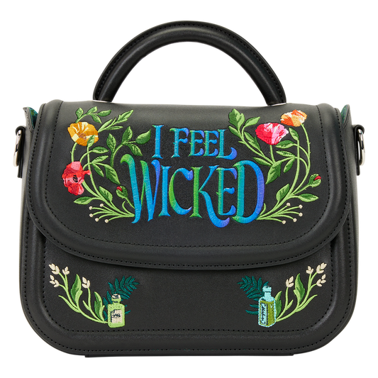 Wicked Loungefly handbag with colorful floral embroidery and 'I Feel Wicked' text on a white background
