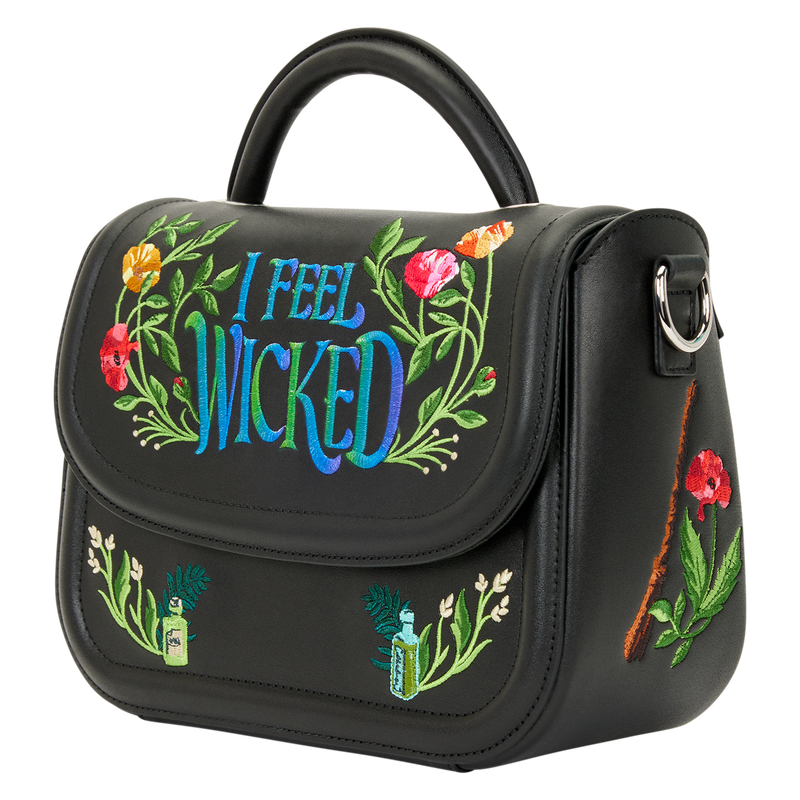 Wicked Loungefly black handbag with colorful embroidery and 'I Feel Wicked' text on a white background