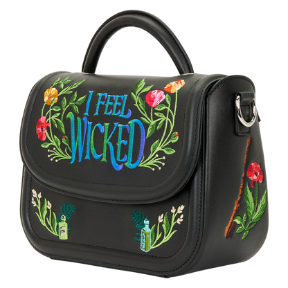 Wicked Loungefly black handbag with colorful embroidery and 'I Feel Wicked' text on a white background