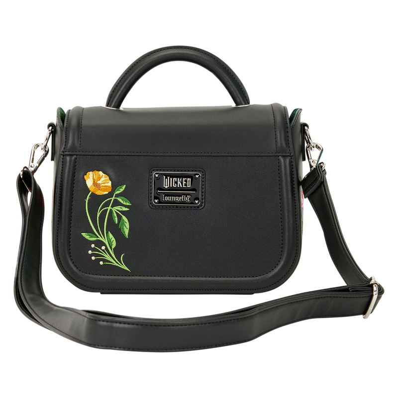 Loungefly Wicked black handbag with floral design and 'Wicked' logo on a white background