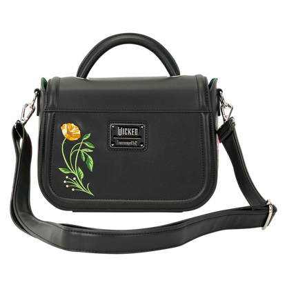 Loungefly Wicked black handbag with floral design and 'Wicked' logo on a white background