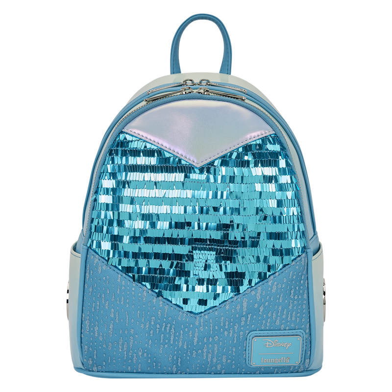 Blue sequin princess Elsa Loungefly backpack with a clear front panel on a white background