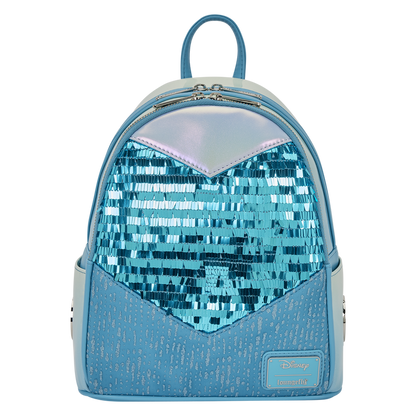 Blue sequin princess Elsa Loungefly backpack with a clear front panel on a white background