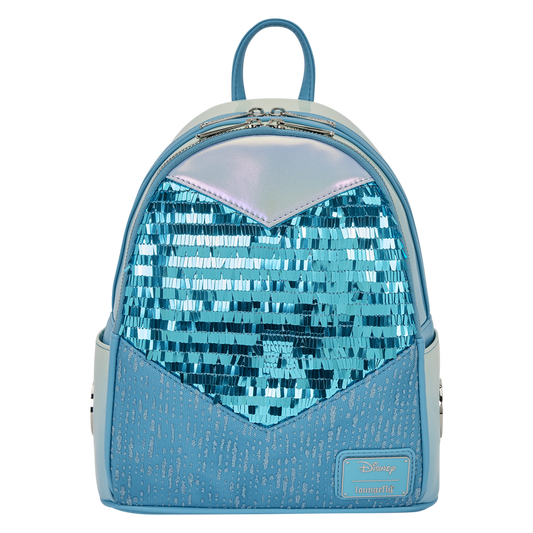 Blue sequin princess Elsa Loungefly backpack with a clear front panel on a white background