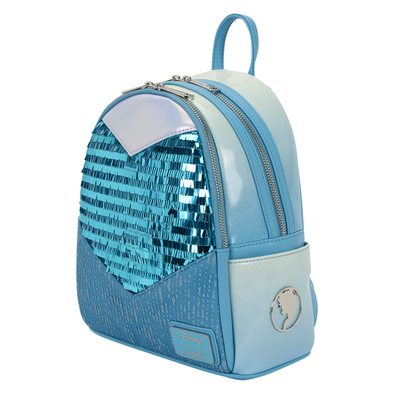 Blue Loungefly backpack with sequin detail to highlight Frozen princess Elsa on a white background