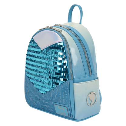 Blue Loungefly backpack with sequin detail to highlight Frozen princess Elsa on a white background