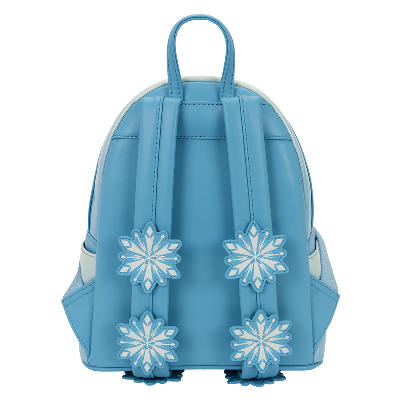 Blue princess Elsa Loungefly backpack with snowflake designs on a white background
