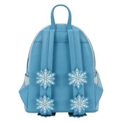 Blue princess Elsa Loungefly backpack with snowflake designs on a white background