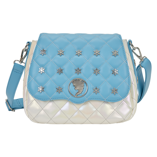 Blue and white quilted Frozen Elsa crossbody loungefly bag with snowflake shaped embellishments 