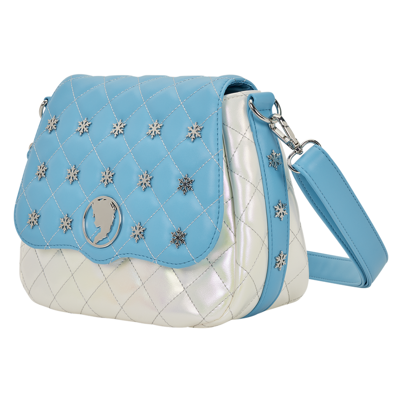 Blue and white quilted Elsa loungefly crossbody bag with decorative snowflakes elements on a white background