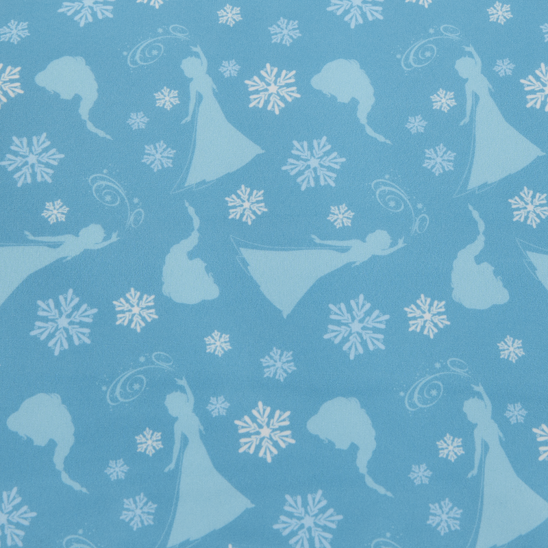 Pattern of princess Elsa silhouettes and snowflakes on a blue background
