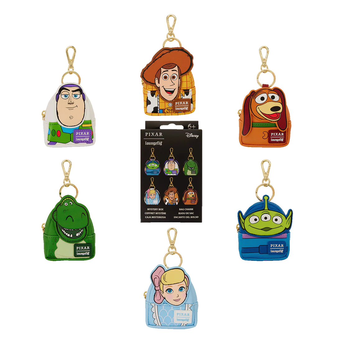 Set of Pixar Toy Story themed Loungefly bag charms with packaging on a white background