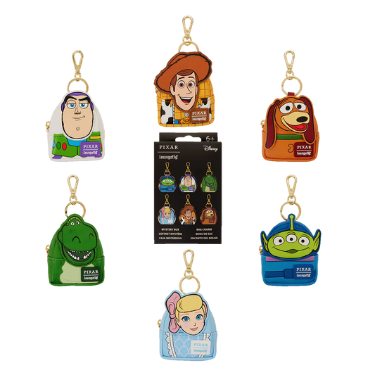 Set of Pixar Toy Story themed Loungefly bag charms with packaging on a white background