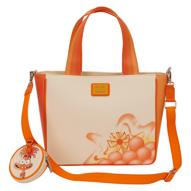 Handbag with orange straps and a cartoon design on a beige background